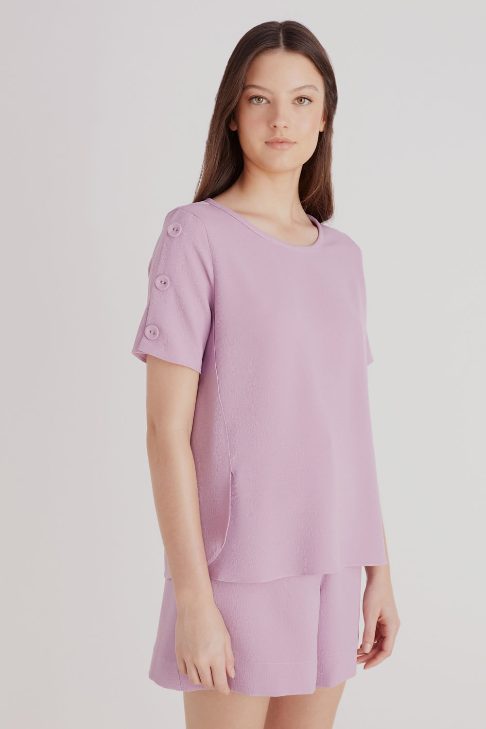 Blusa t-shirt de crepe com botões manga lilás sublime 38